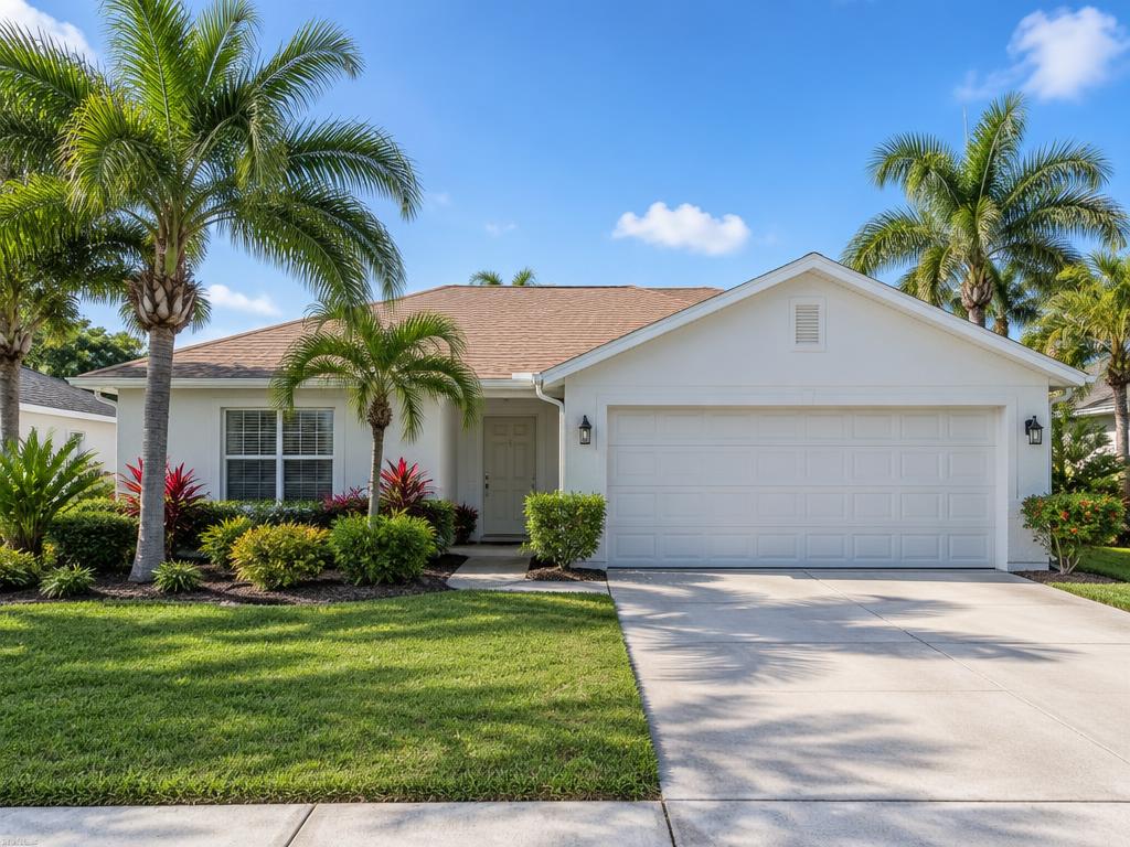 Single-story Florida starter home with palm trees