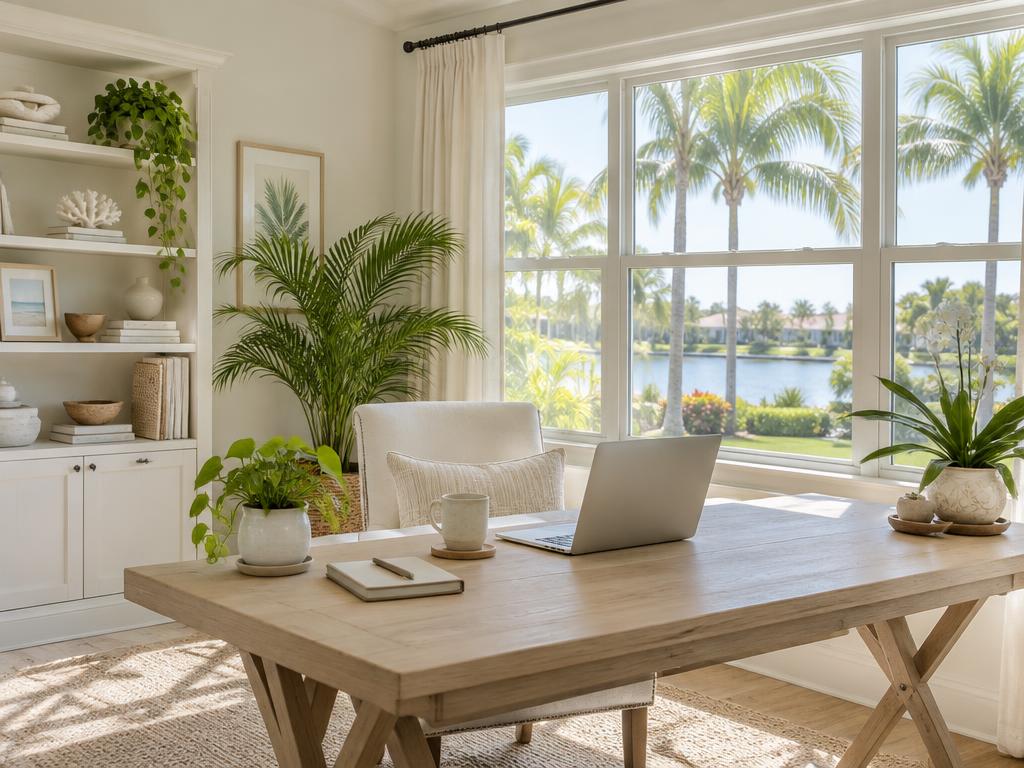 Bright home office with a laptop and a palm view