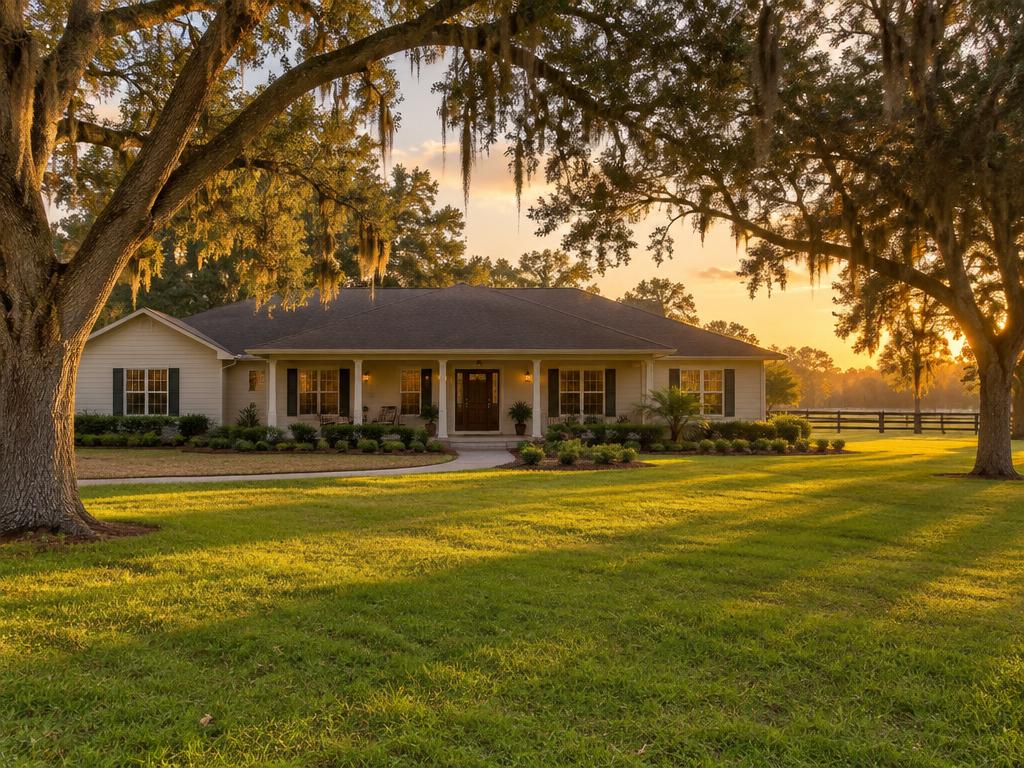 Ranch-style Florida home under oak trees